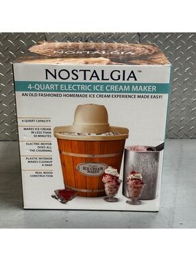 Nostalgia 4-Qt Electric Ice Cream Maker Wood Bucket New